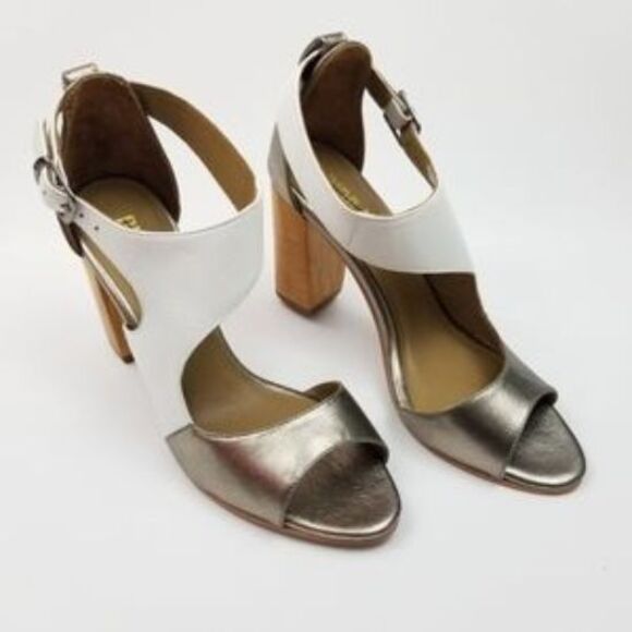 Anthropologie Nina Payne Pinta Asymmetrical colorblocked heels Sandals, Size 9 - Picture 1 of 6